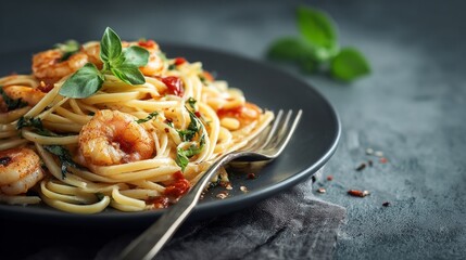 Fototapeta premium Close-up plate of shrimp pasta placed on a gray table