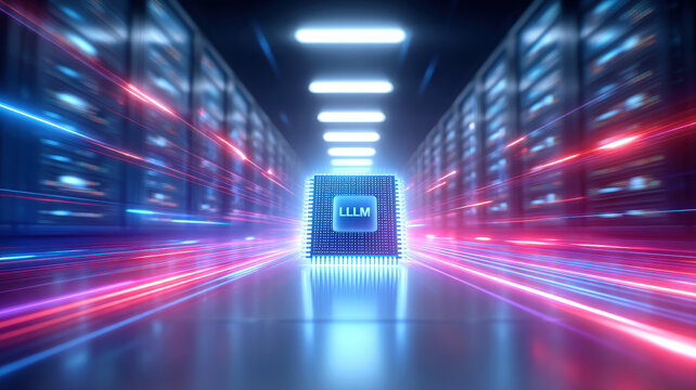 Futuristic data center interior featuring glowing microchip surrounded by vibrant light trails, symbolizing advanced technology and high speed data processing