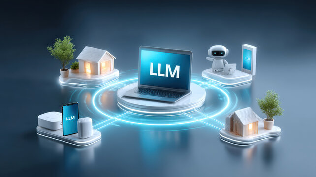 Futuristic concept of LLM, Large Language Model AI, showcasing laptop surrounded by smart devices, homes, and robot, symbolizing advanced technology and connectivity