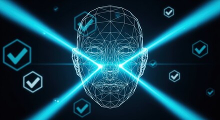Neonlit mesh human face with glowing blue beams surrounded by checkmark icons on a dark backdrop
