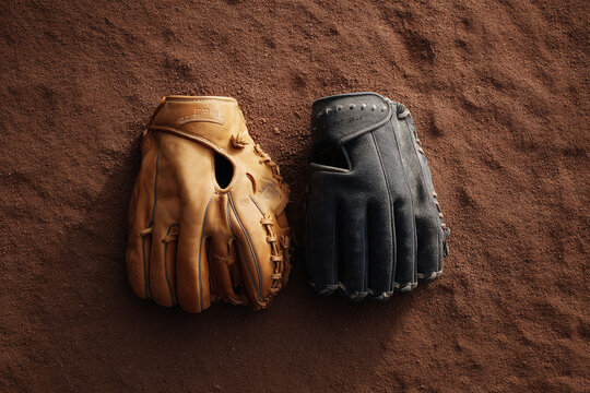Two baseball gloves resting on a dirt field. Symbolizes teamwork, competition, or the love of the game. Ideal for sportsthemed content or nostalgic designs.