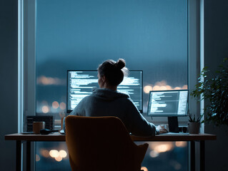 Woman coding late at night in front of large monitors. Remote work, digital nomad, developer concept. Could represent focus, ambition, career.