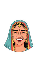 Vibrant indian woman wearing traditional attire smiling radiantly with decorative jewelry and head covering