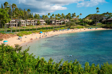 Playa tropical con turistas y palmeras en Kapalua, Maui