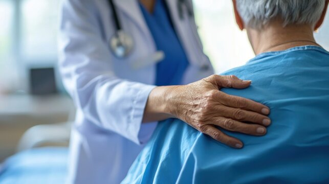 A doctor gently placing a hand on a patientâ€™s shoulder in a hospital room during a quiet moment of medical intervention