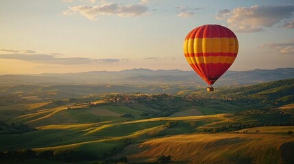 Naklejka premium A balloonist waving from the sky while flying over a scenic countryside landscape
