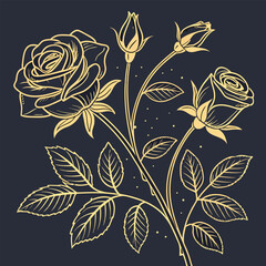 Luxury Golden Rose Line Art Background Vector Botanical Floral Illustration