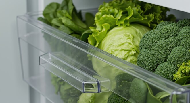 Fresh vegetables in clear fridge drawer including broccoli and lettuce  