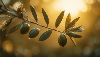 Green olives on a branch with water droplets in golden sunlight