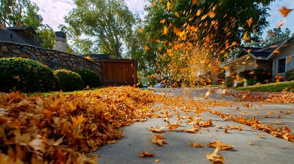 Autumn leaves swirl across a wet suburban street on a cloudy day
