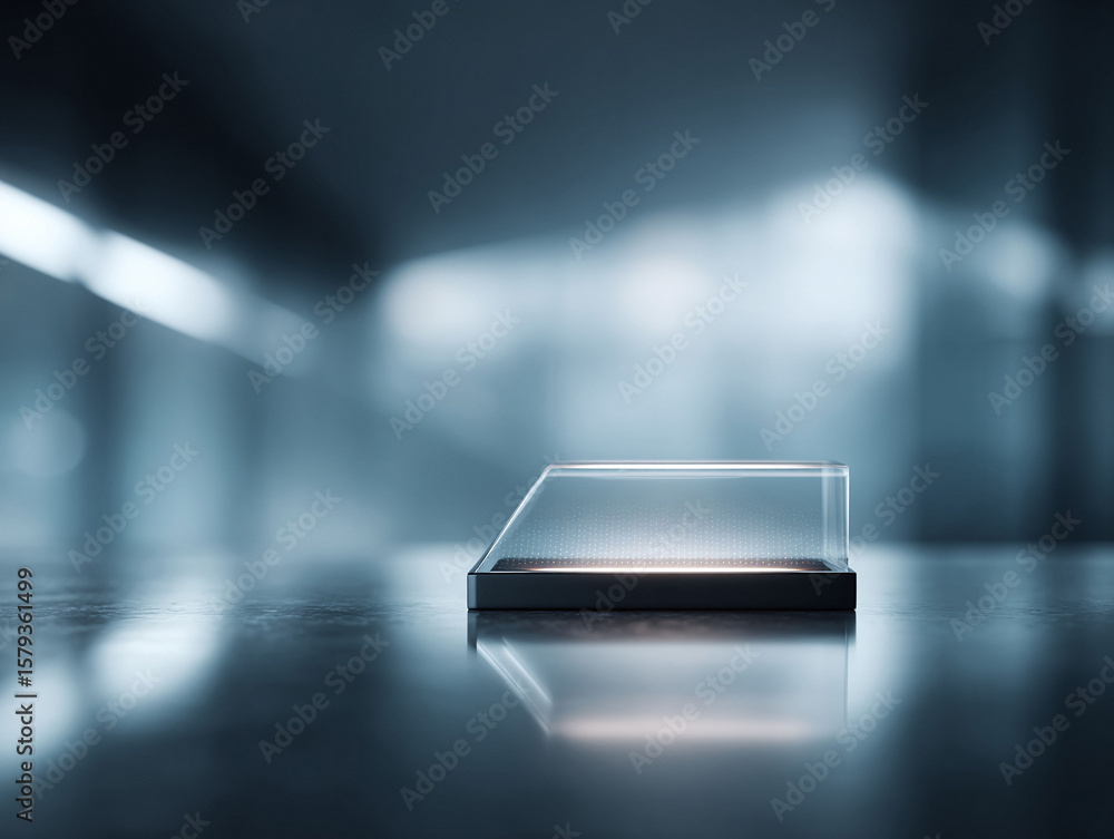 Poster sleek, modern display case with glowing inner light on a reflective surface. ideal for showcasing a 
