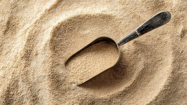 Overhead image of scoop resting on a heap of dry active yeast