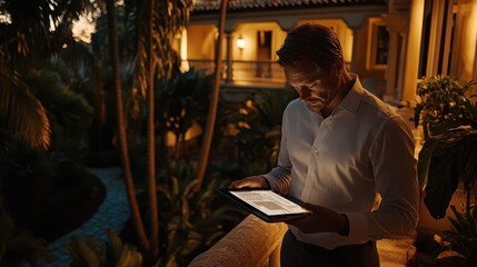 Businessman Analyzing Data on Digital Tablet in Luxurious Setting