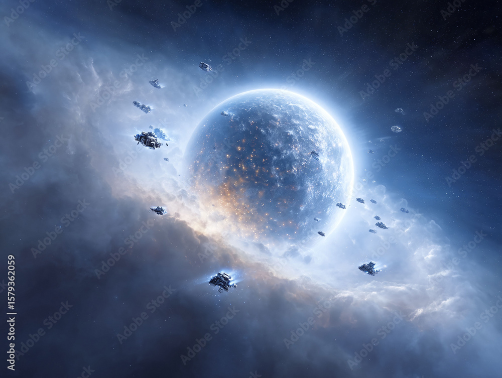 Poster futuristic spaceships orbit a luminous planet shrouded in nebula clouds. conveys themes of explorati