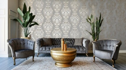 Room remodel showing updated space with elegant gray wallpaper