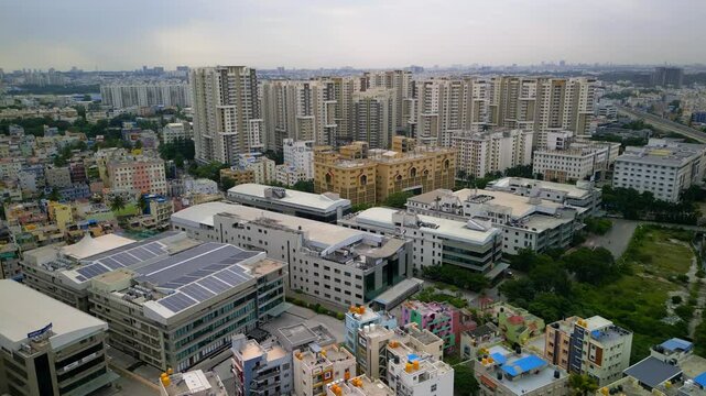 Aerial view of Bengaluru urban area with tall buildings, is one of the fastest-growing cities in the world, According to a report by the Oxford Economics.