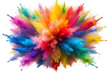 A spectacular explosion of vibrant, multicolored powder bursts outwards, creating a dynamic and festive display isolated on transparent background