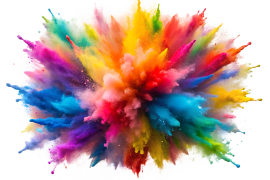 A spectacular explosion of vibrant, multicolored powder bursts outwards, creating a dynamic and festive display isolated on transparent background