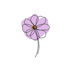 Vibrant purple cosmos flower one line art illustration.