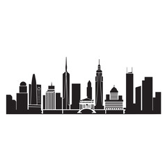 Black silhouette of a modern city skyline with diverse architectural styles
