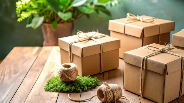 Four brown paper boxes tied with twine surrounded by greenery rustic presentation