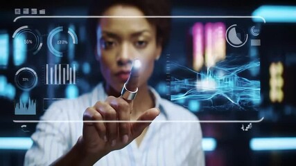 Woman interacts with digital data, server room background - Powered by Adobe