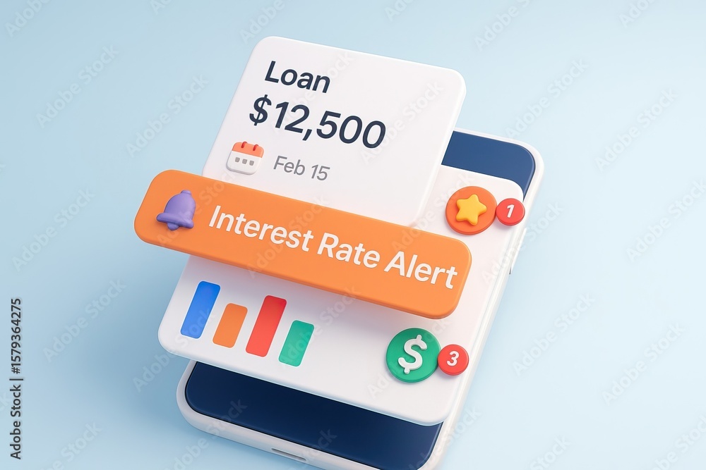 Poster loan notification and interest rate alert on mobile banking app interface with colorful 3d icons and