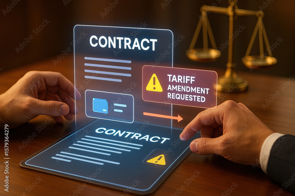 Poster contract document with tariff amendment request displayed on futuristic transparent digital screen, 