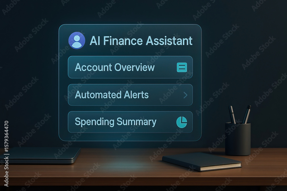 Poster ai finance assistant interface with account overview, automated alerts, and spending summary display