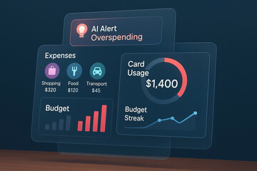 AI alert overspending notification with expenses breakdown for shopping, food, and transport, showing card usage and budget streak on digital financial dashboard