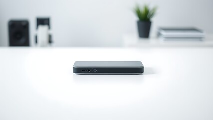 Fototapeta premium Clean minimalist workspace featuring a closed device on a white surface with soft diffused lighting.