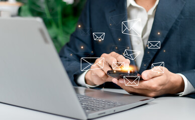 A men send emails by tablet to customers, business contacts and communication, email icons, email marketing concepts, e-mail or newsletters, and online working internet networks.