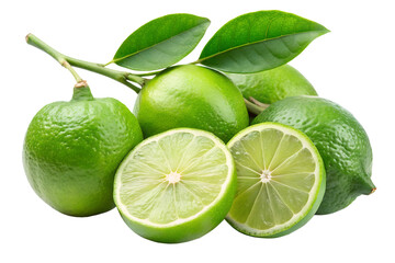 A cluster of fresh green limes, with two halves revealing their juicy interior, on a branch with leaves, isolated on white isolated on transparent background