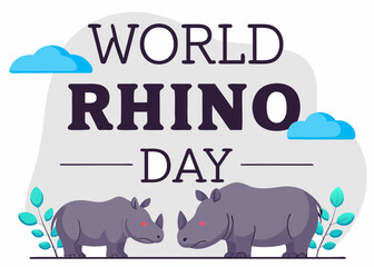 Illustration for World Rhino Day with Two Rhinos Clouds and Green Plants