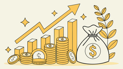 Fototapeta premium Investment growth chart with money bag and coin stacks financial success and business profit illustration
