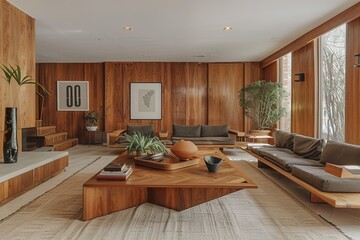 A mid-century modern wooden living room with sleek wooden furniture, a geometric wooden coffee table, and clean lines. The space has a minimalist vibe with natural wood finishes. 
