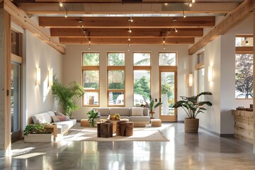 A modern loft with exposed wooden beams, polished concrete floors, and industrial-style lighting. Large windows let in abundant light, 