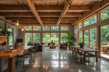 A modern loft with exposed wooden beams, polished concrete floors, and industrial-style lighting. Large windows let in abundant light, 