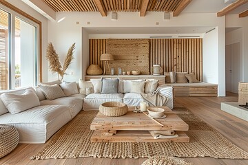 A coastal-inspired living room with light wooden floors, a wooden slat wall, and neutral-colored furniture. The space feels open and breezy, with natural materials and coastal decor accents. 