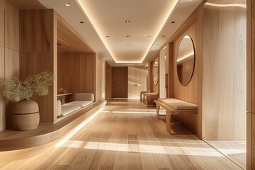 A chic wooden hallway with warm, honey-toned wood floors and a row of sleek, wooden framed mirrors. The space feels light and airy, with minimalist wooden furniture and soft lighting. 