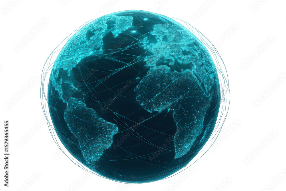 Poster rotating planet earth with network connections, symbolizing global data exchange and transparent bac