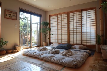 A Japanese-inspired wooden bedroom with tatami flooring, sliding wooden doors, and low wooden furniture. Simple and serene, with a focus on natural materials and minimal decor