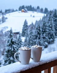 Cozy winter scene two mugs of hot chocolate with marshmallows on a snowy balcony, overlooking a serene, snowcovered landscape. Perfect for holiday warmth, comfort, and escape.