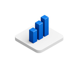 3D icon of a blue bar graph on a white background, isometric view, minimalistic style, blue color theme, white background, UI design, high resolution, clean sharp focus, high detail.