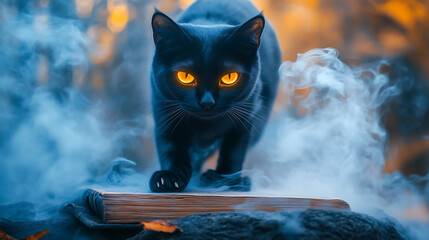 A black cat with glowing yellow eyes stands on a witch's spell book under a full moon, smoke swirling around its paws, a mystical Halloween atmosphere.