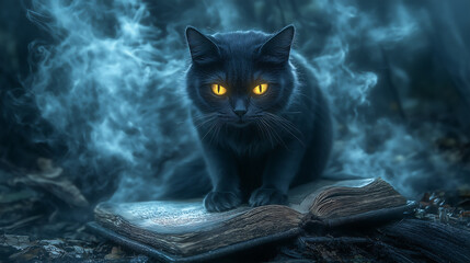 Black cat with glowing yellow eyes, standing on a witch’s spellbook under full moon, smoke swirling around its paws, Halloween vibe 

