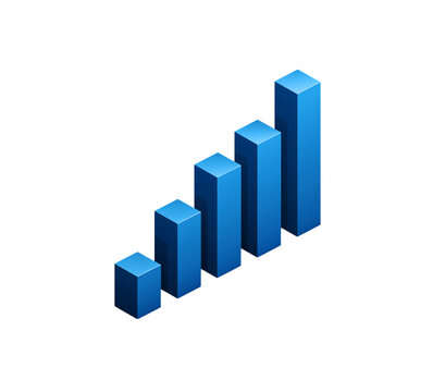 3D icon of a blue bar graph on a white background, isometric view, minimalistic style, blue color theme, white background, UI design, high resolution, clean sharp focus, high detail.