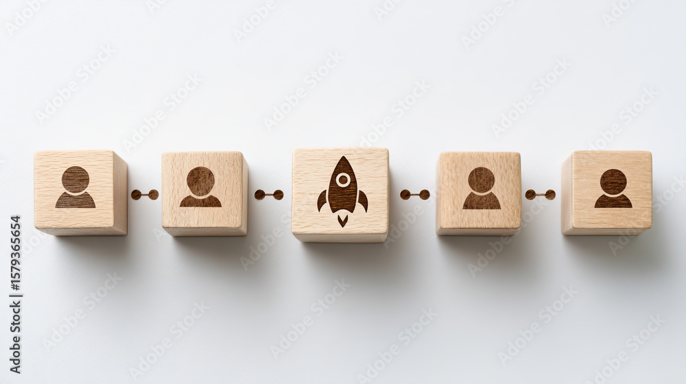 Poster wooden cubes with human icons and rocket symbol connected by lines on white background, representing