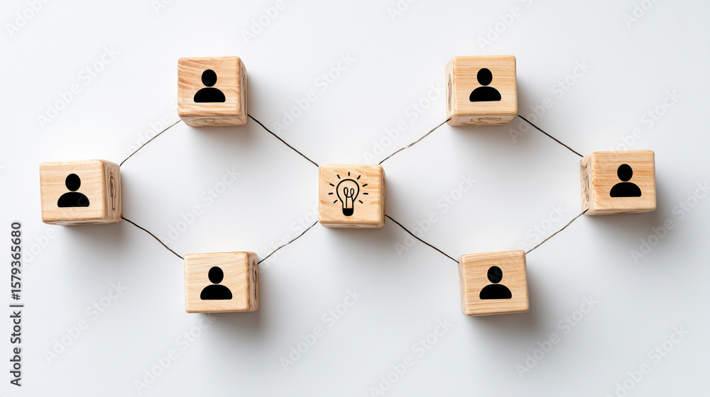 Poster wooden cube connected with lines showing idea and teamwork concept with people icons on white backgr
