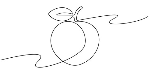 peach fruit continuous one line drawing, Peach fruit in continuous line art drawing style. Simple black sketch made of one line isolated on white background, Fresh peach continuous one line drawing.